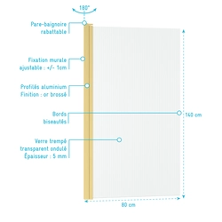 Pare-baignoire Rabattable 80x140cm - Profilé Or Brossé - Verre Trempé Ondulé 5mm - WAVY