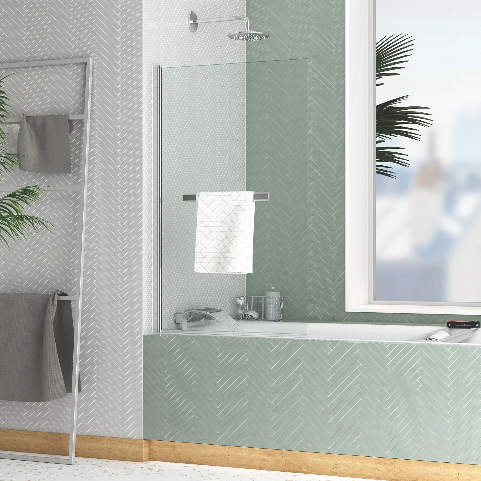 Pare-baignoire Rabattable avec porte-serviette 70x120cm - Profilé Chromé - Verre 4mm - ELEMENTARY Pare-baignoire Rabattable avec porte-serviette 70x120cm - Profilé Chromé - Verre 4mm - ELEMENTARY