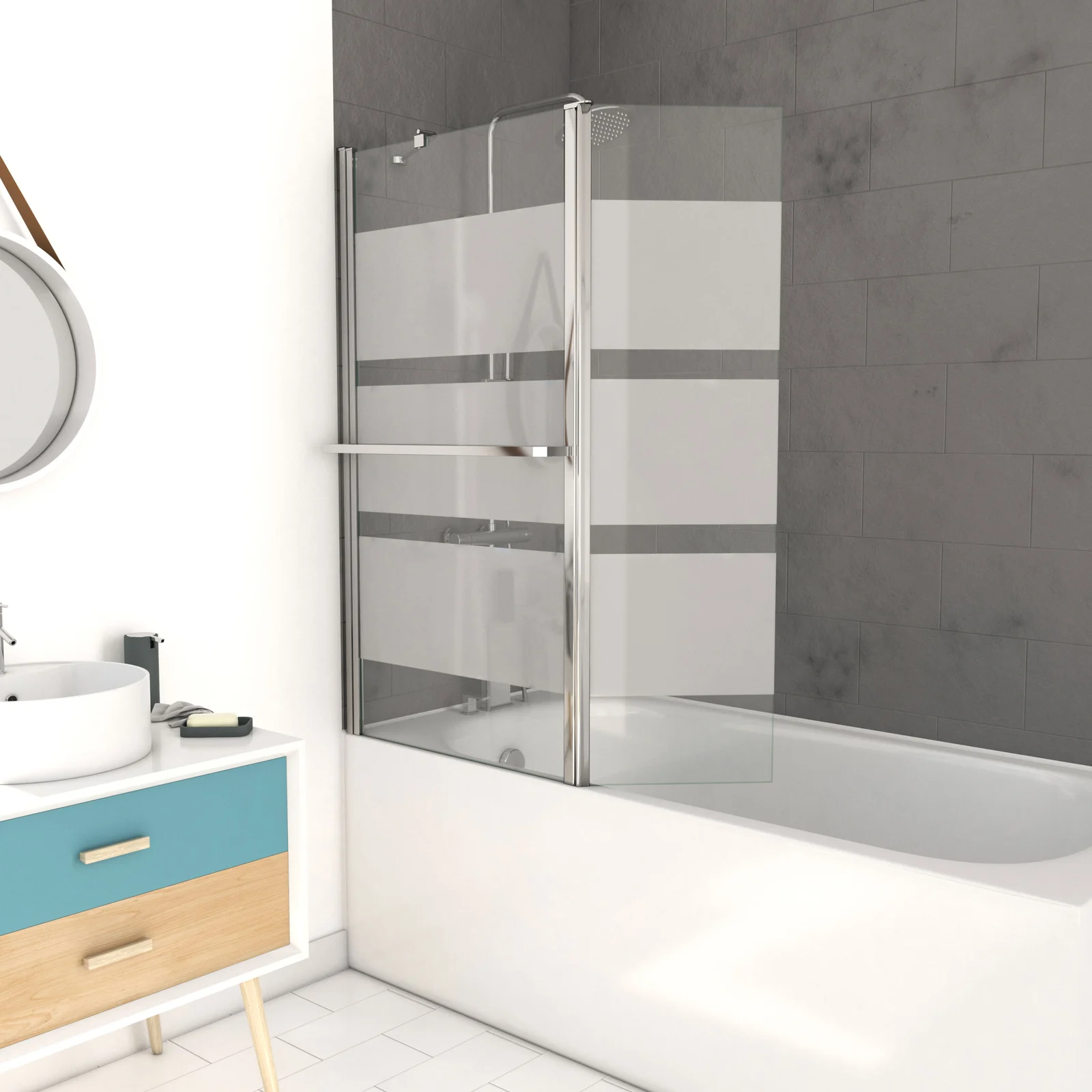 Pare baignoire + volet pivotant 130x105- Profile aluminium chrome et verre transparent bande depolie Pare baignoire + volet pivotant 130x105- Profile aluminium chrome et verre transparent bande depolie