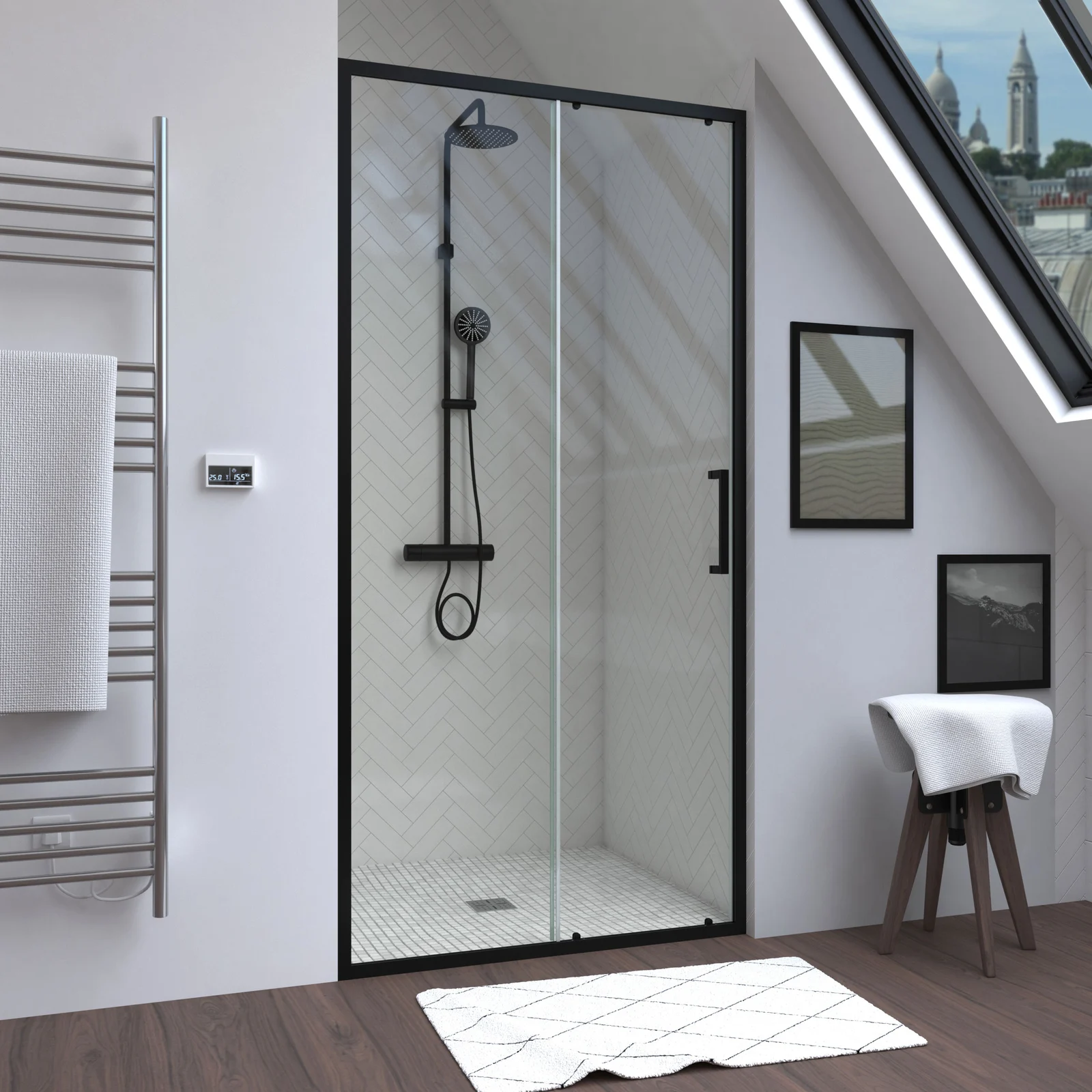 Paroi de douche 1 porte coulissante 100x200 cm - Verre transparent - Profilé Noir - CRUSH
