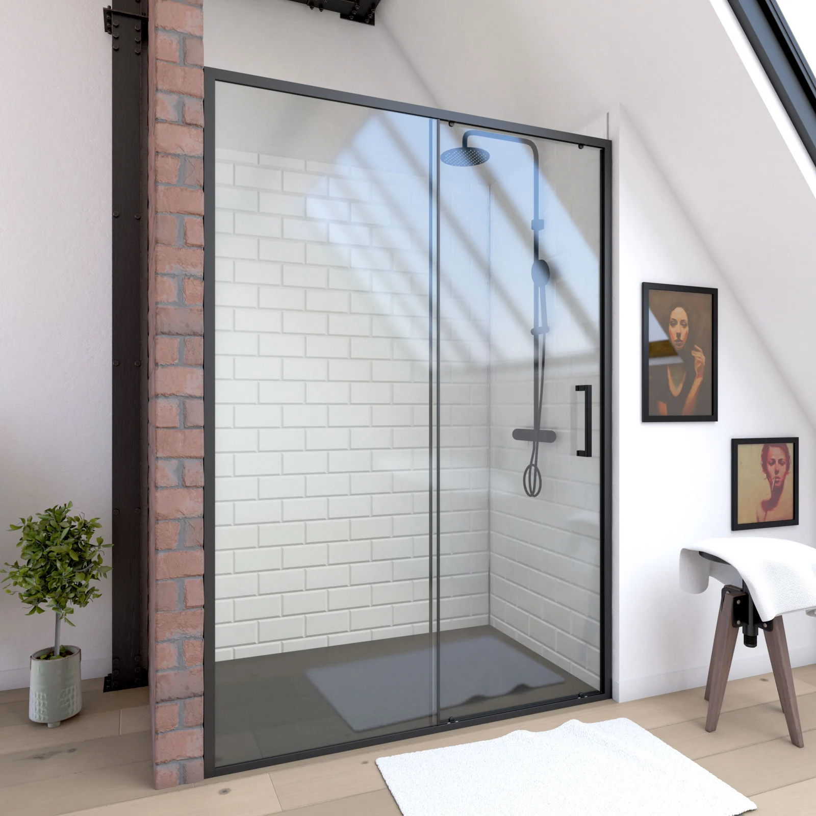 Paroi de douche 1 porte coulissante 140x200 cm - Verre transparent - Profilé Noir - CRUSH Paroi de douche 1 porte coulissante 140x200 cm - Verre transparent - Profilé Noir - CRUSH