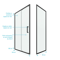 Paroi de douche 1 porte coulissante + Retour 100x80x200 cm - Verre 6 mm - Profilé Noir - CRUSH