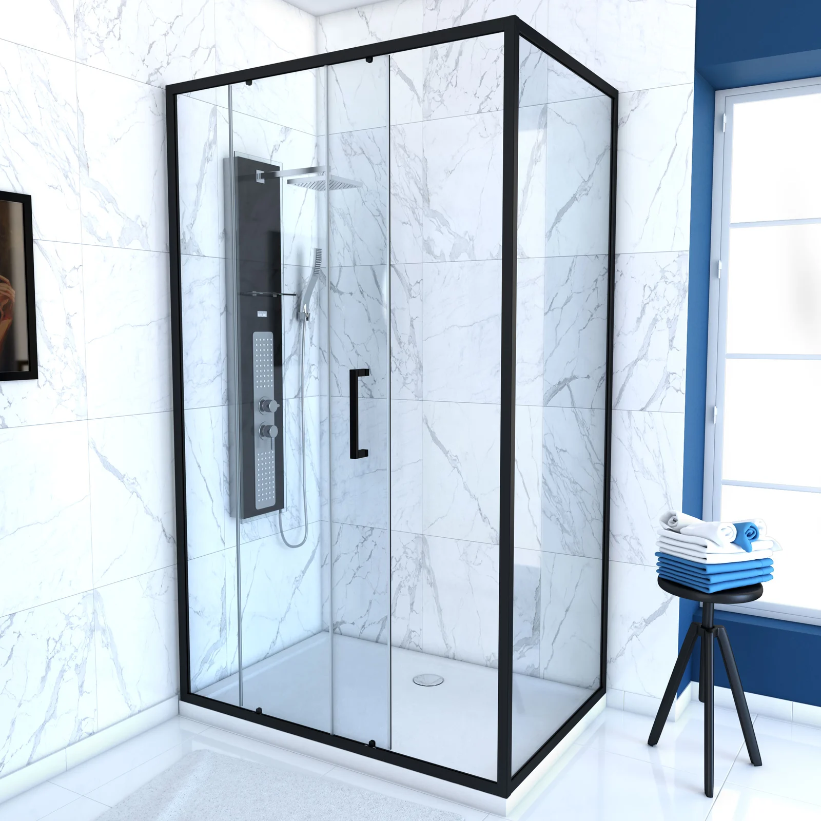 Paroi de douche 1 porte coulissante + Retour 100x80x200 cm - Verre 6 mm - Profilé Noir - CRUSH Paroi de douche 1 porte coulissante + Retour 100x80x200 cm - Verre 6 mm - Profilé Noir - CRUSH
