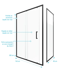 Paroi de douche 1 porte coulissante + Retour 140x80x200 cm - Verre 6 mm - Profilé Noir - CRUSH