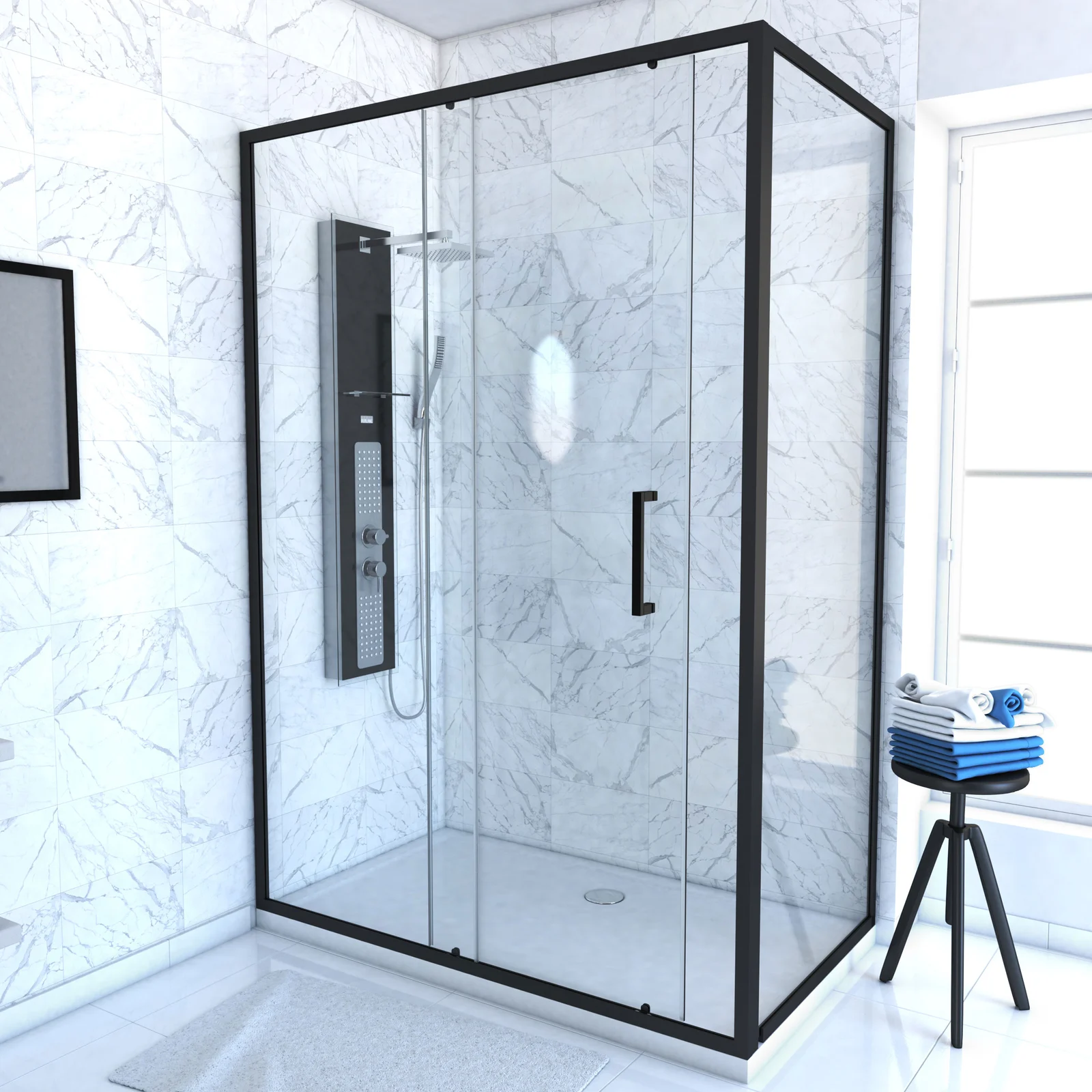 Paroi de douche 1 porte coulissante + Retour 140x90x200 cm - Verre 6 mm - Profilé Noir - CRUSH Paroi de douche 1 porte coulissante + Retour 140x90x200 cm - Verre 6 mm - Profilé Noir - CRUSH