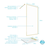 Paroi de Douche 100x200cm + Grille Finition Or Doré Brossé + Receveur Blanc 100x80x4cm