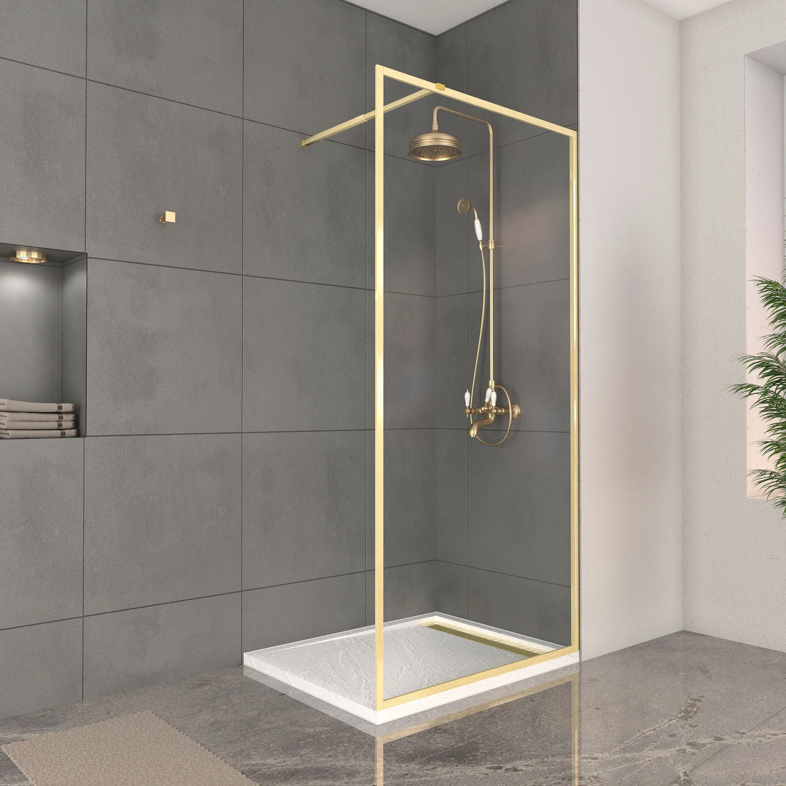 Paroi de Douche 100x200cm + Grille Finition Or Doré Brossé + Receveur Blanc effet pierre 100x80x4cm Paroi de Douche 100x200cm + Grille Finition Or Doré Brossé + Receveur Blanc effet pierre 100x80x4cm