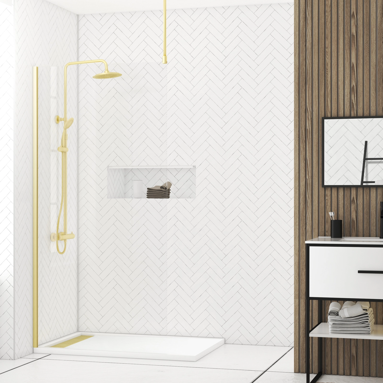 Paroi de Douche 100x200cm Verre 8mm - Profilé + Barre Plafond Finition Or Brossé - FREEDOM 2 GOLD Paroi de Douche 100x200cm Verre 8mm - Profilé + Barre Plafond Finition Or Brossé - FREEDOM 2 GOLD