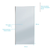 Paroi de Douche 100x200cm Verre Fumé - Profilé + Barre Plafond Finition Chrome - FREEDOM 2 SMOKED