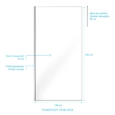 Paroi de Douche 100x200cm Verre Transparent - Profilé + Barre Plafond Chrome - FREEDOM 2 CHROMED