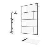 Paroi de Douche 120 cm Sérigraphie Noire et Receveur Blanc 80x120 + Colonne de Douche Thermostatique