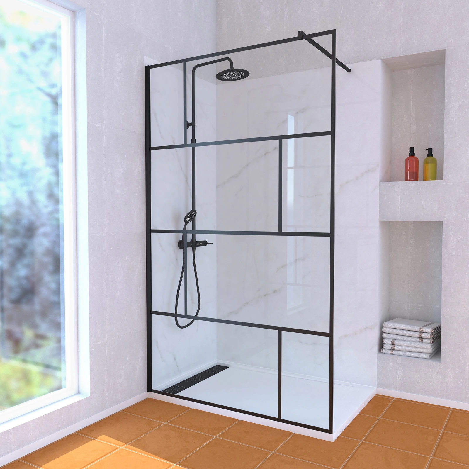 Paroi de Douche 120 cm Sérigraphie Noire et Receveur Blanc 80x120 + Colonne de Douche Mécanique