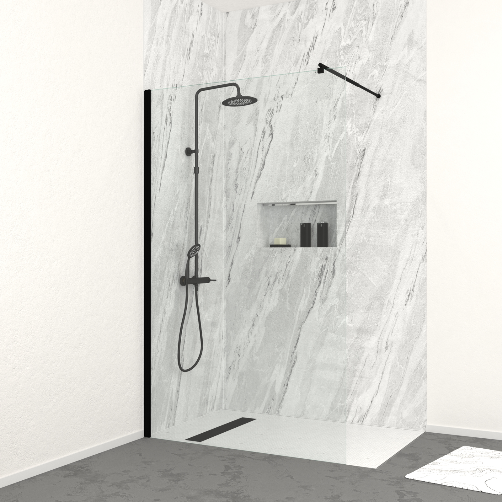 Paroi de Douche 120cm Verre 8mm - Profilé + Barre extensible + Colonne de Douche Mécanique NOIR MAT Paroi de Douche 120cm Verre 8mm - Profilé + Barre extensible + Colonne de Douche Mécanique NOIR MAT