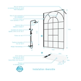 Paroi de Douche 120x195 Motif Verrière + Receveur Blanc 80x120 + Colonne de Douche Noire Thermostatique