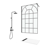 Paroi de Douche 120x195 Motif Verrière + Receveur Blanc 80x120 + Colonne de Douche Noire Mécanique