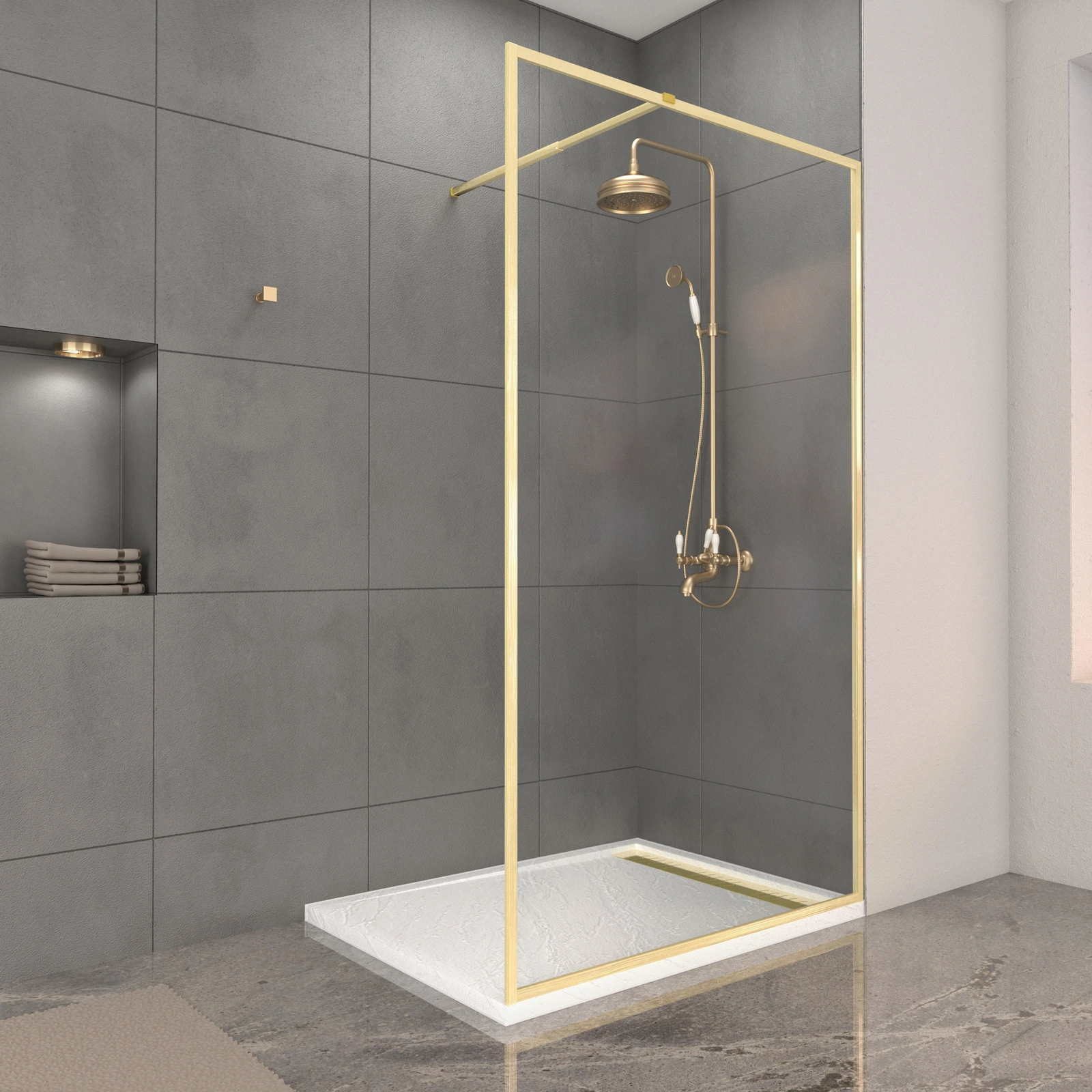 Paroi de Douche 120x200cm + Grille Finition Or Brossé + Receveur Blanc effet pierre 120x90x4cm Paroi de Douche 120x200cm + Grille Finition Or Brossé + Receveur Blanc effet pierre 120x90x4cm