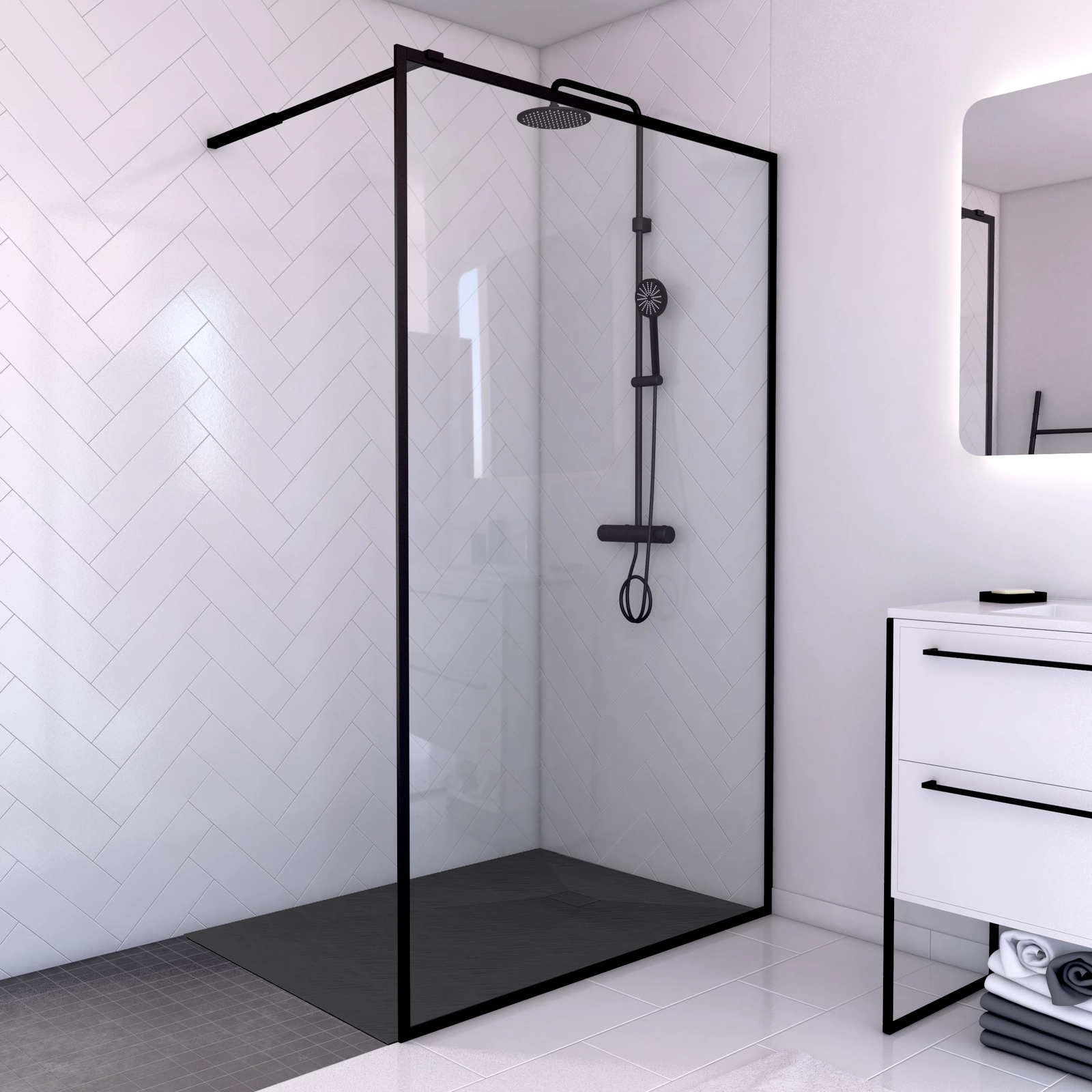 Paroi de douche 120x200cm + receveur a poser 120x80cm - cadre et barre noir mat - CONTOURING 120