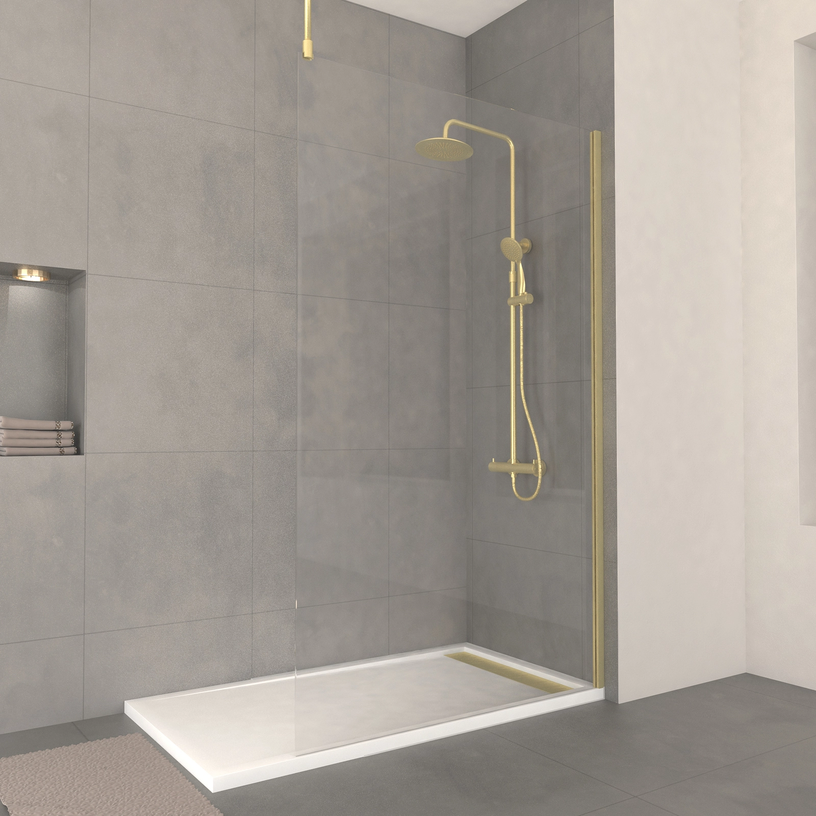 Paroi de Douche 120x200cm Verre 8mm - Profilé + Barre Plafond Finition Or Brossé - FREEDOM 2 GOLD