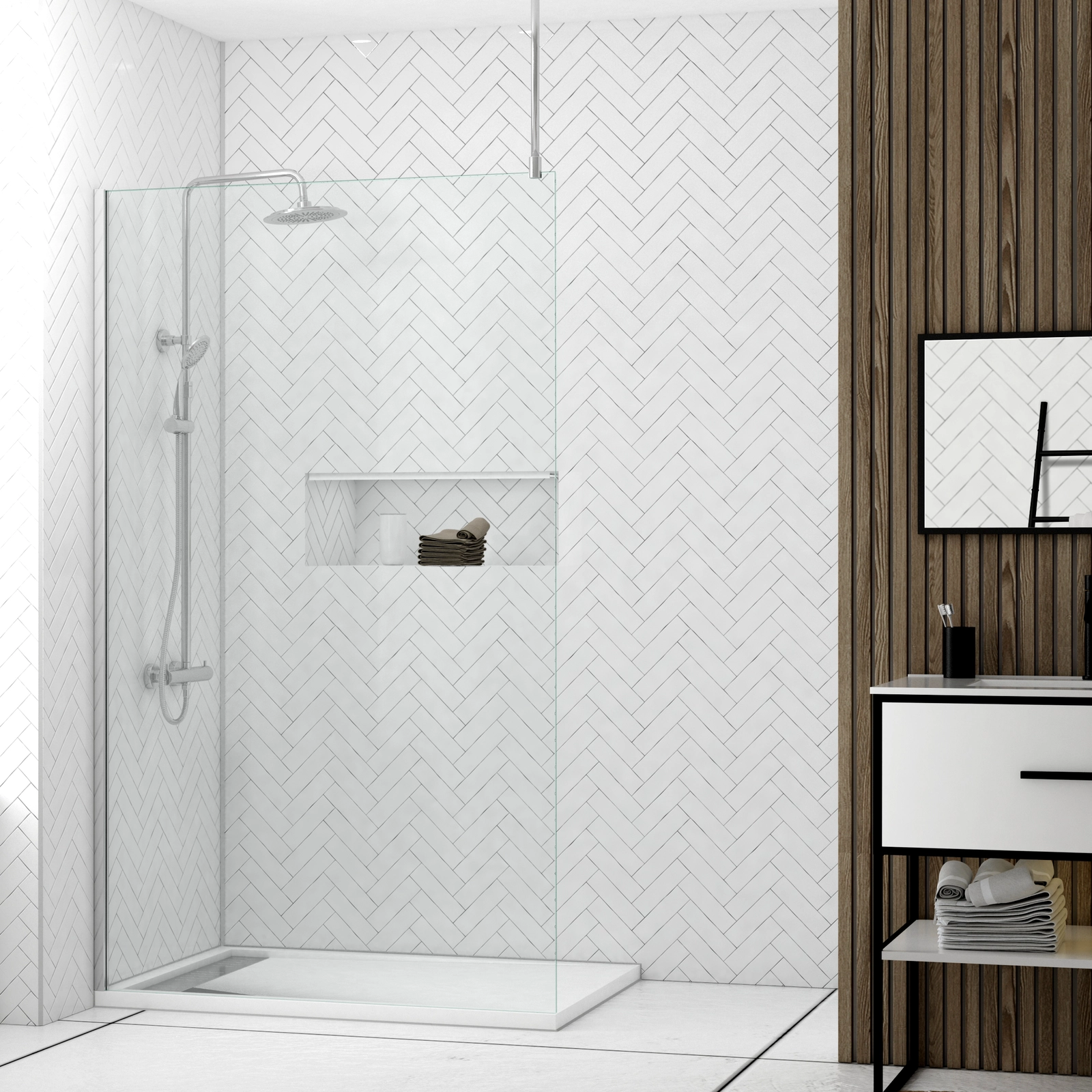 Paroi de Douche 120x200cm Verre Transparent - Profilé + Barre Plafond Finition Chrome - FREEDOM 2