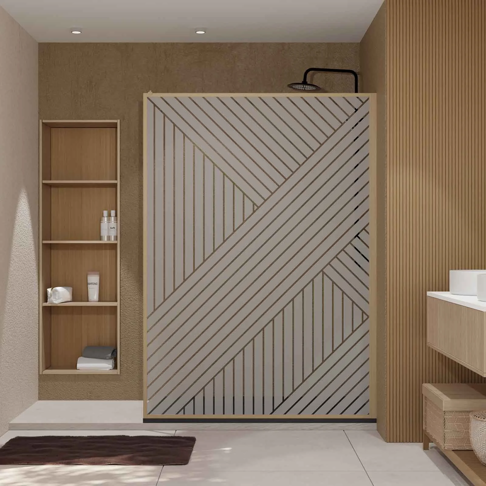 Paroi de douche 140x200 HINATA - Style Japandi Geometrique - Cadre Effet Bois - Verre 6mm