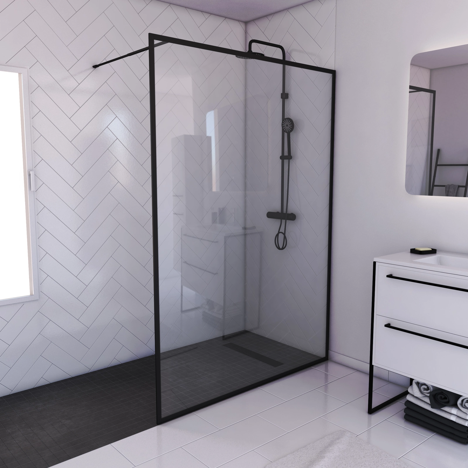 Paroi de Douche 140x200 cm - Cadre et Bras Aluminium NOIR MAT - DARK CONTOURING Paroi de Douche 140x200 cm - Cadre et Bras Aluminium NOIR MAT - DARK CONTOURING