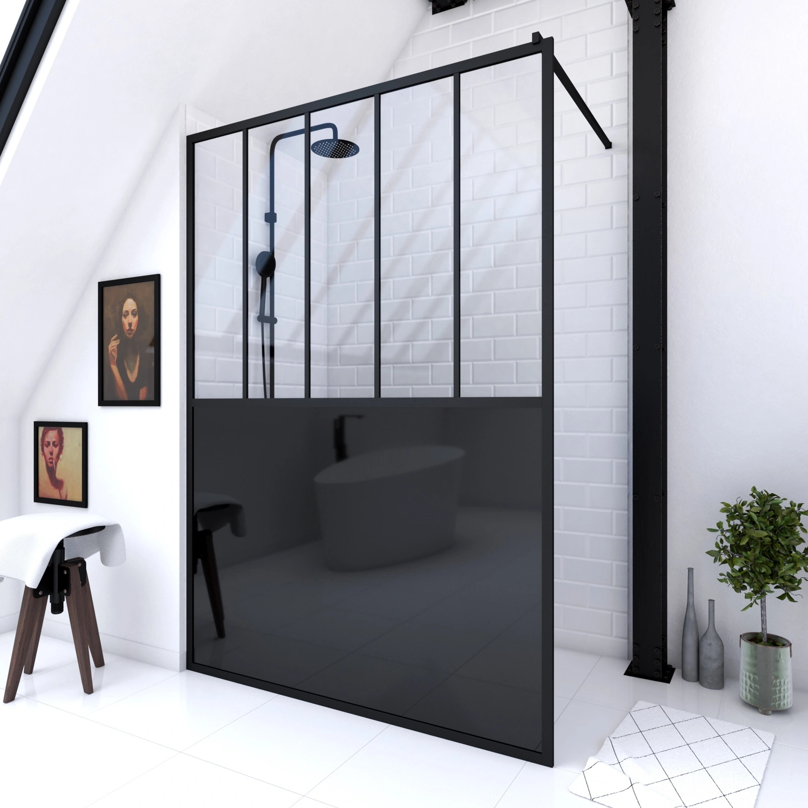 Paroi de douche 140x200 cm type verrieres - verre trempe 5mm et structure aluminium noir mat 
