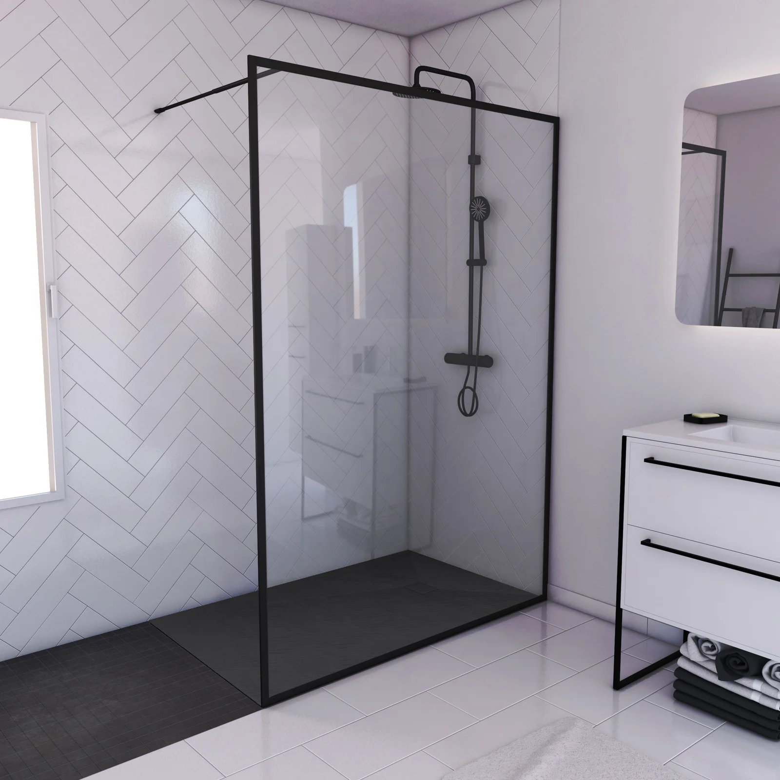 Paroi de douche 140x200 + receveur a poser 140x90 cm + cadre et barre noir mat - CONTOURING 140