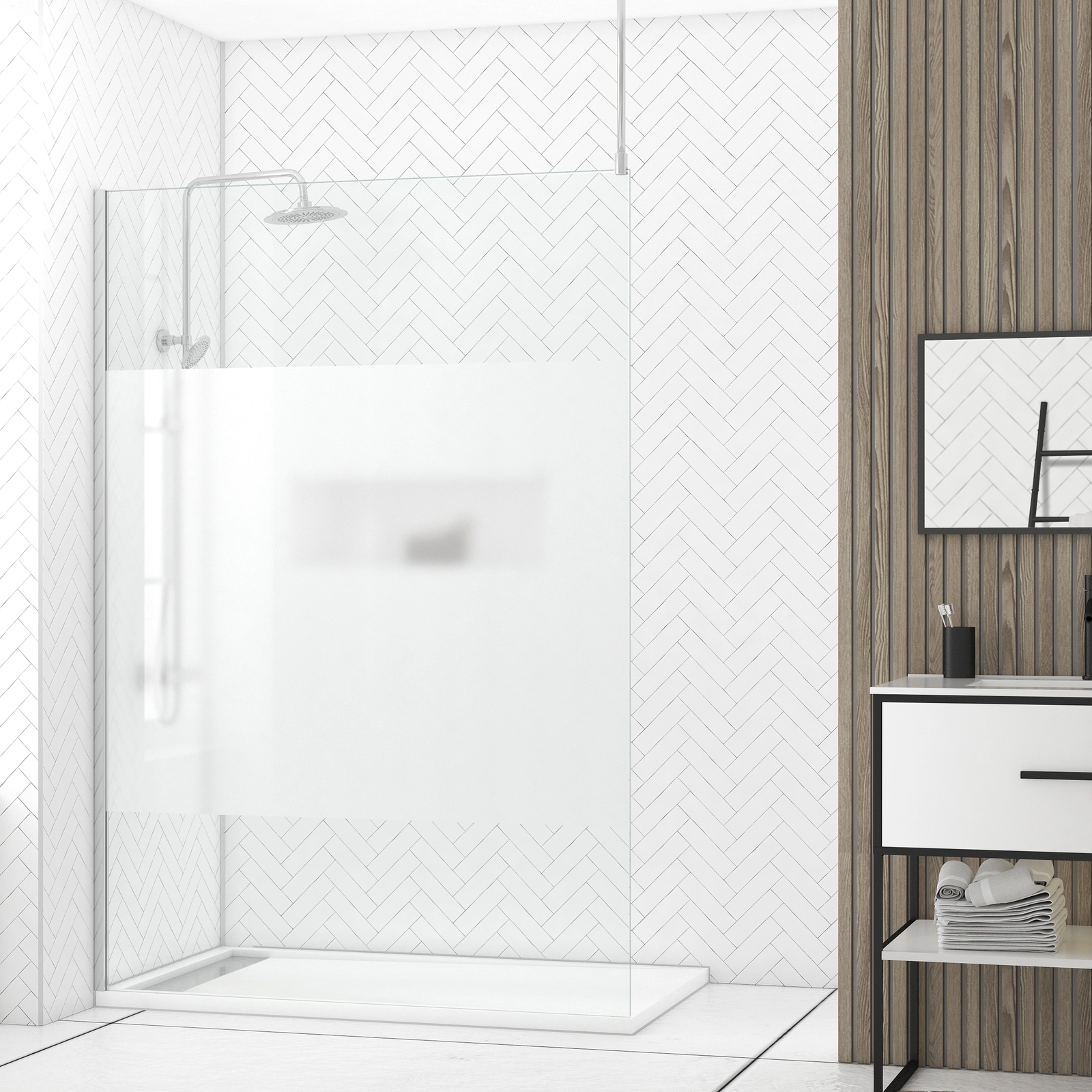 Paroi de Douche 140x200cm Dépolie - Profilé + Barre Plafond Finition Chrome - FREEDOM 2 FROSTED Paroi de Douche 140x200cm Dépolie - Profilé + Barre Plafond Finition Chrome - FREEDOM 2 FROSTED