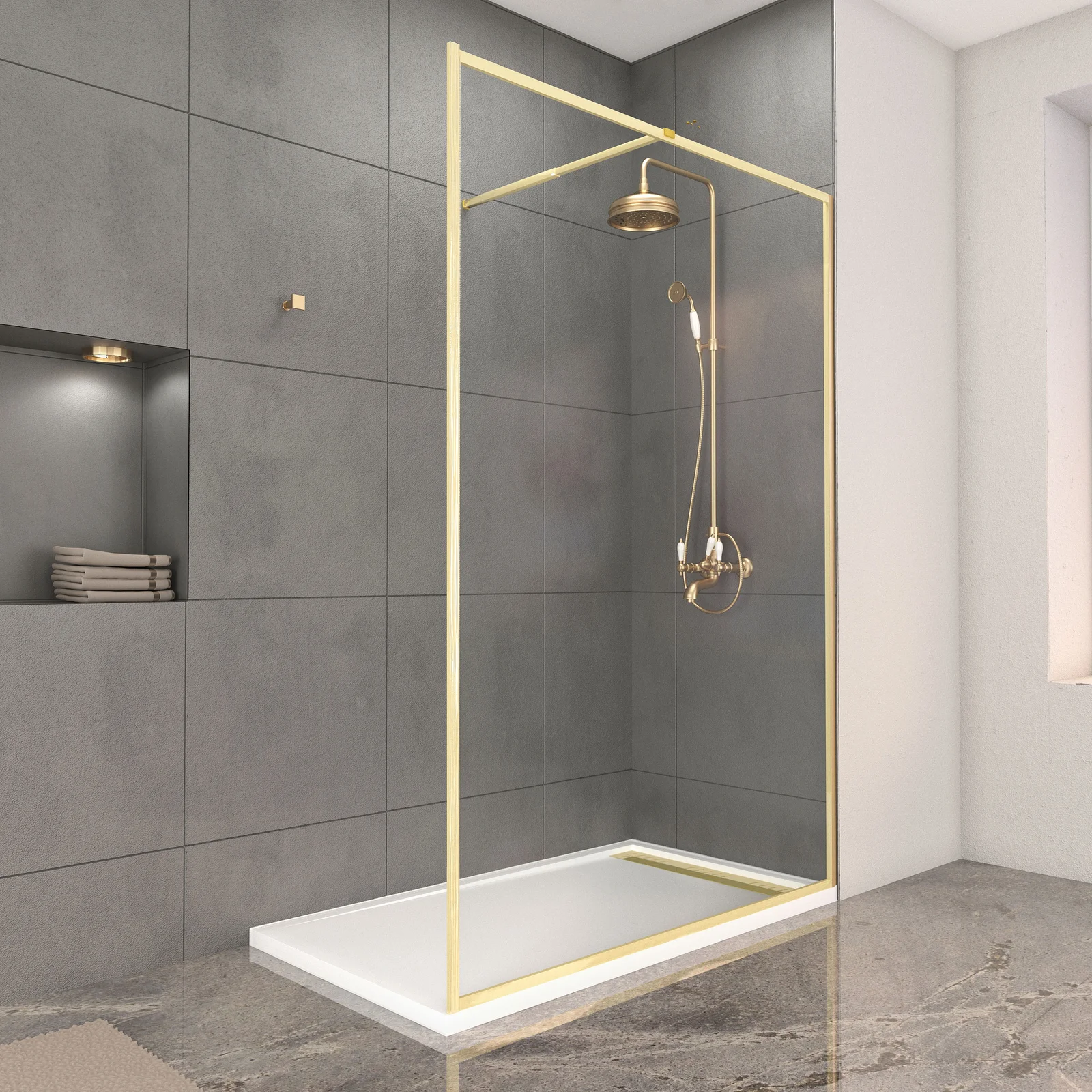 Paroi de Douche 140x200cm + Grille Finition Or Doré Brossé + Receveur Blanc 140x80x5cm Paroi de Douche 140x200cm + Grille Finition Or Doré Brossé + Receveur Blanc 140x80x5cm