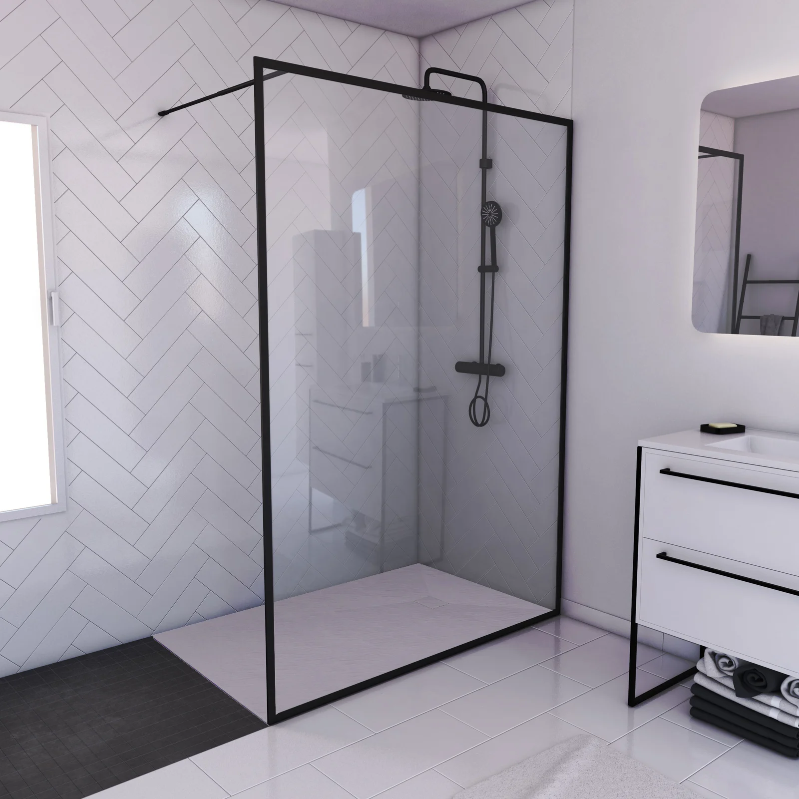 Paroi de douche 140x200cm + receveur a poser - 140x90cm - cadre et barre noir mat - CONTOURING 120