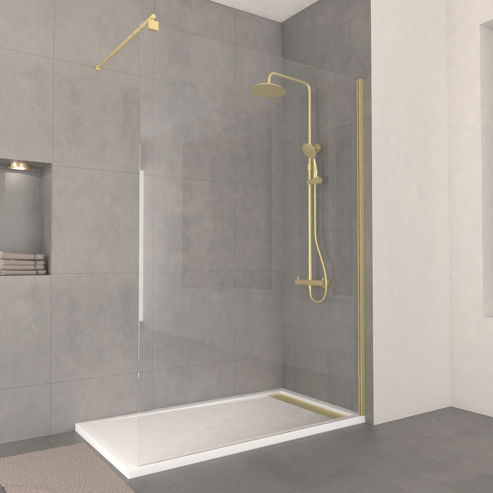 Paroi de Douche 140x200cm Verre 8mm - Profilé + Barre extensible Finition Or Brossé - FREEDOM 2 GOLD