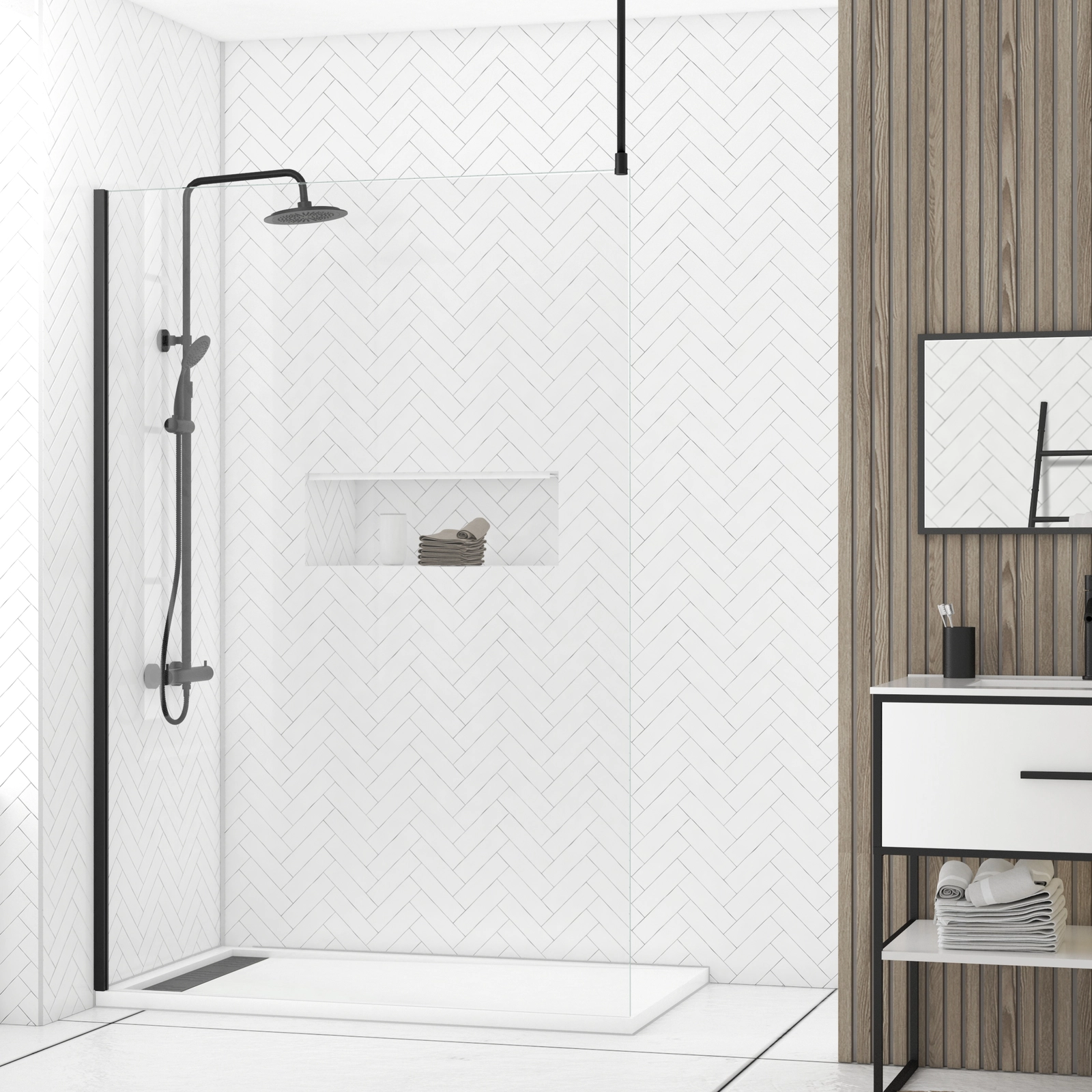 Paroi de Douche 140x200cm Verre Transparent - Profilé + Barre Plafond Noire - FREEDOM 2 BLACK Paroi de Douche 140x200cm Verre Transparent - Profilé + Barre Plafond Noire - FREEDOM 2 BLACK