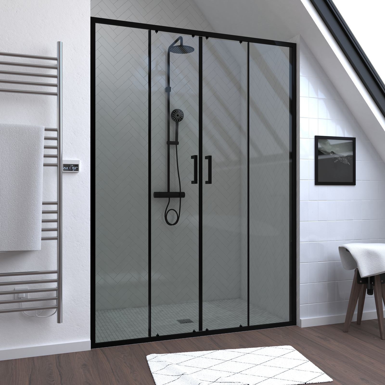 Paroi de douche 2 portes coulissantes 140x200 cm - Verre transparent - Profilé Noir - CRUSH