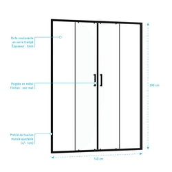 Paroi de douche 2 portes coulissantes 140x200 cm - Verre transparent - Profilé Noir - CRUSH