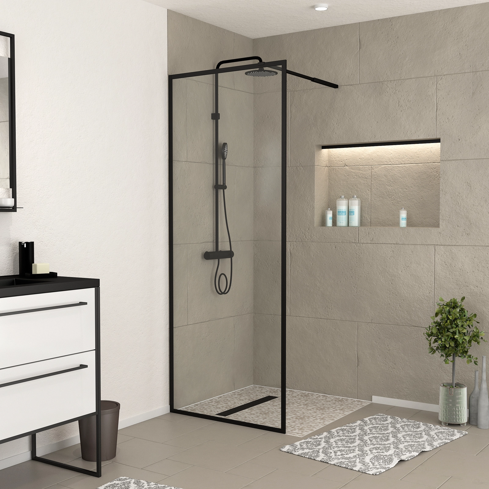 Paroi de Douche 80x200 cm - Cadre et Bras Aluminium NOIR MAT - DARK CONTOURING Paroi de Douche 80x200 cm - Cadre et Bras Aluminium NOIR MAT - DARK CONTOURING