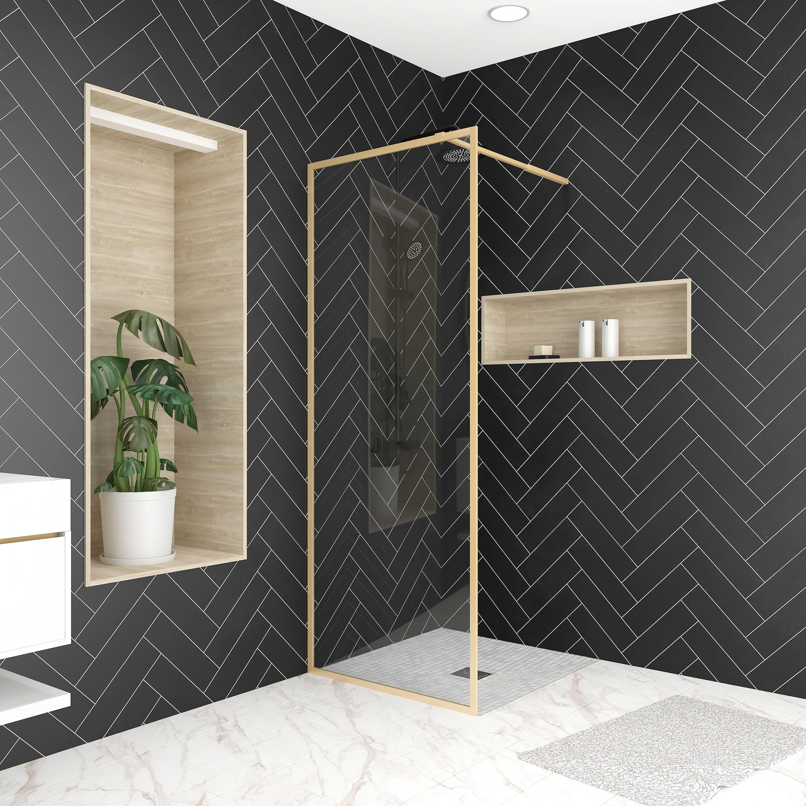 Paroi de Douche 80x200 cm - Cadre et Bras Aluminium Finition Or Doré Brossé - GOLDY CONTOURING Paroi de Douche 80x200 cm - Cadre et Bras Aluminium Finition Or Doré Brossé - GOLDY CONTOURING