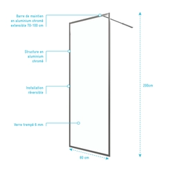 Paroi de Douche 80x200 cm - Cadre et Bras Aluminium Chrome - CHROMED CONTOURING