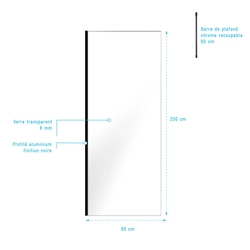 Paroi de Douche 80x200cm Verre Transparent - Profilé + Barre Plafond Noire - FREEDOM 2 BLACK