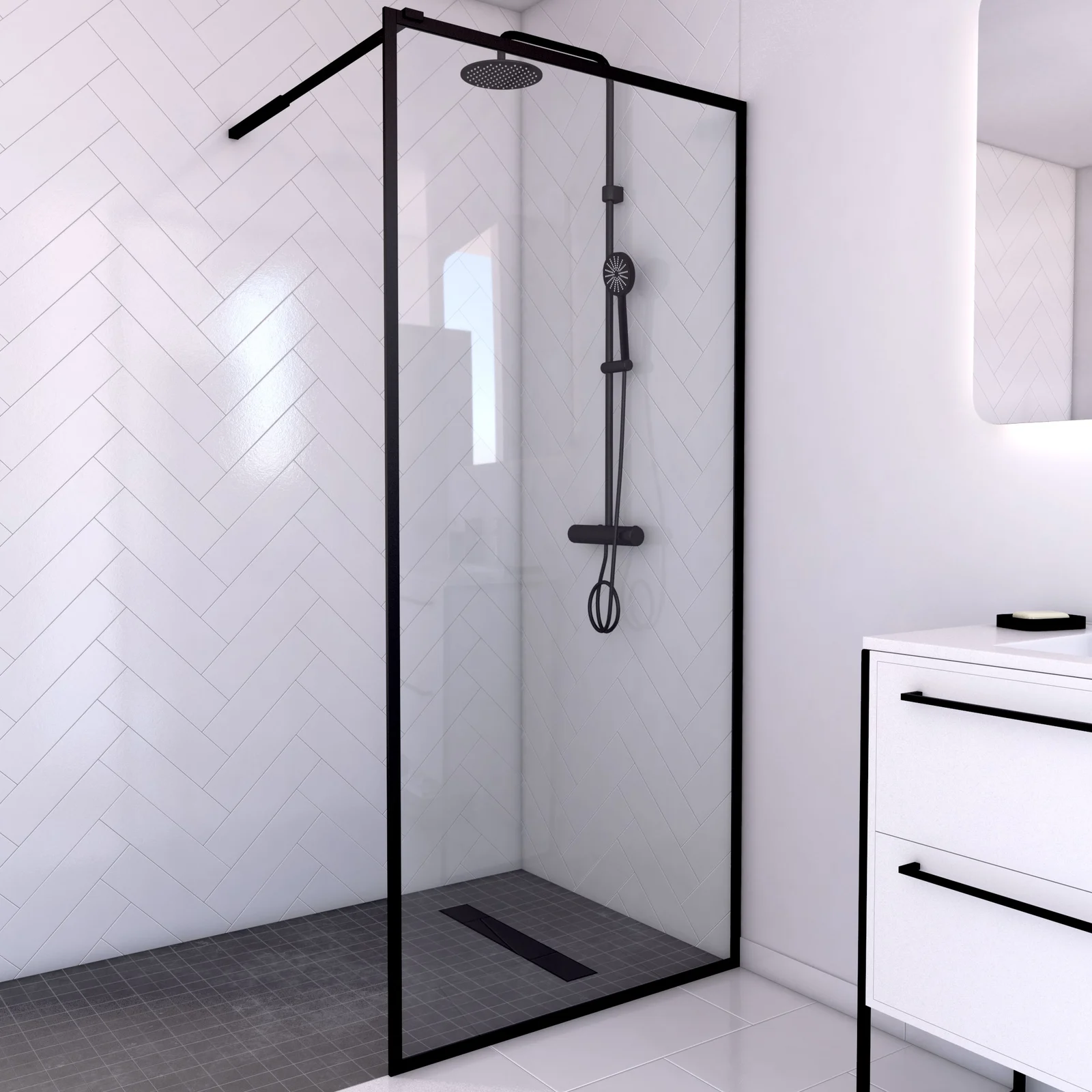 Paroi de Douche 90x200 cm - Cadre et Bras Aluminium NOIR MAT - DARK CONTOURING Paroi de Douche 90x200 cm - Cadre et Bras Aluminium NOIR MAT - DARK CONTOURING