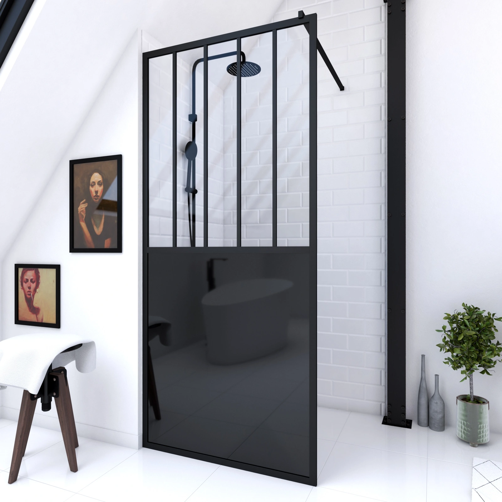 Paroi de douche 90x200 cm type verrieres - verre trempe et structure aluminium noir mat 