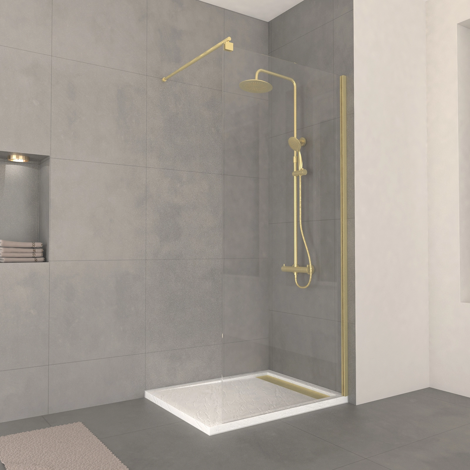 Paroi de Douche 90x200cm Verre 8mm - Profilé + Barre extensible Finition Or Brossé - FREEDOM 2 GOLD Paroi de Douche 90x200cm Verre 8mm - Profilé + Barre extensible Finition Or Brossé - FREEDOM 2 GOLD
