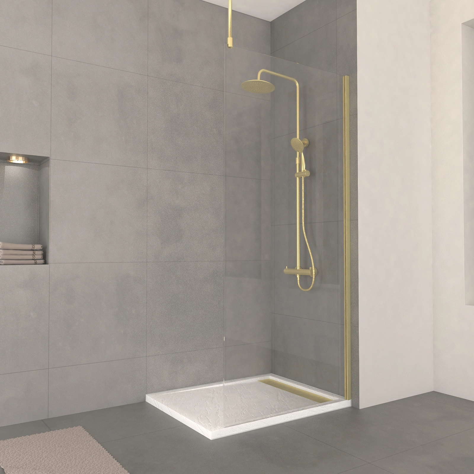 Paroi de Douche 90x200cm Verre 8mm - Profilé + Barre Plafond Finition Or Brossé - FREEDOM 2 GOLD Paroi de Douche 90x200cm Verre 8mm - Profilé + Barre Plafond Finition Or Brossé - FREEDOM 2 GOLD
