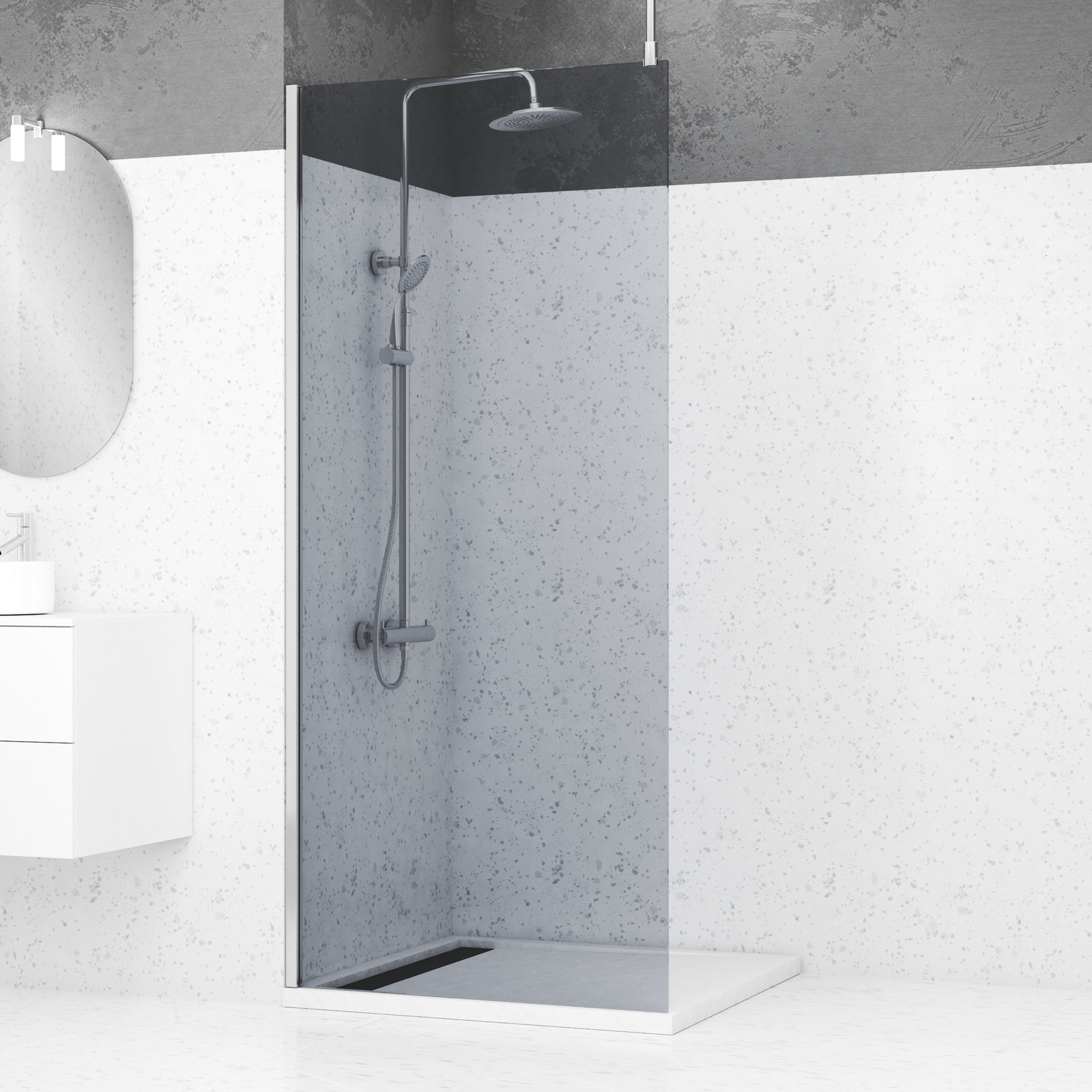 Paroi de Douche 90x200cm Verre Fumé - Profilé + Barre Plafond Finition Chrome - FREEDOM 2 SMOKED Paroi de Douche 90x200cm Verre Fumé - Profilé + Barre Plafond Finition Chrome - FREEDOM 2 SMOKED