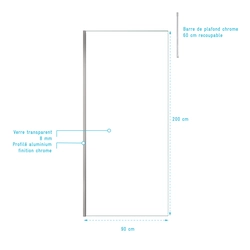 Paroi de Douche 90x200cm Verre Transparent - Profilé + Barre Plafond Finition Chrome - FREEDOM 2