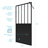 Paroi de douche a l'italienne - 100x200 cm VERRE TRANSPARENT 5mm + barre de maintien noir