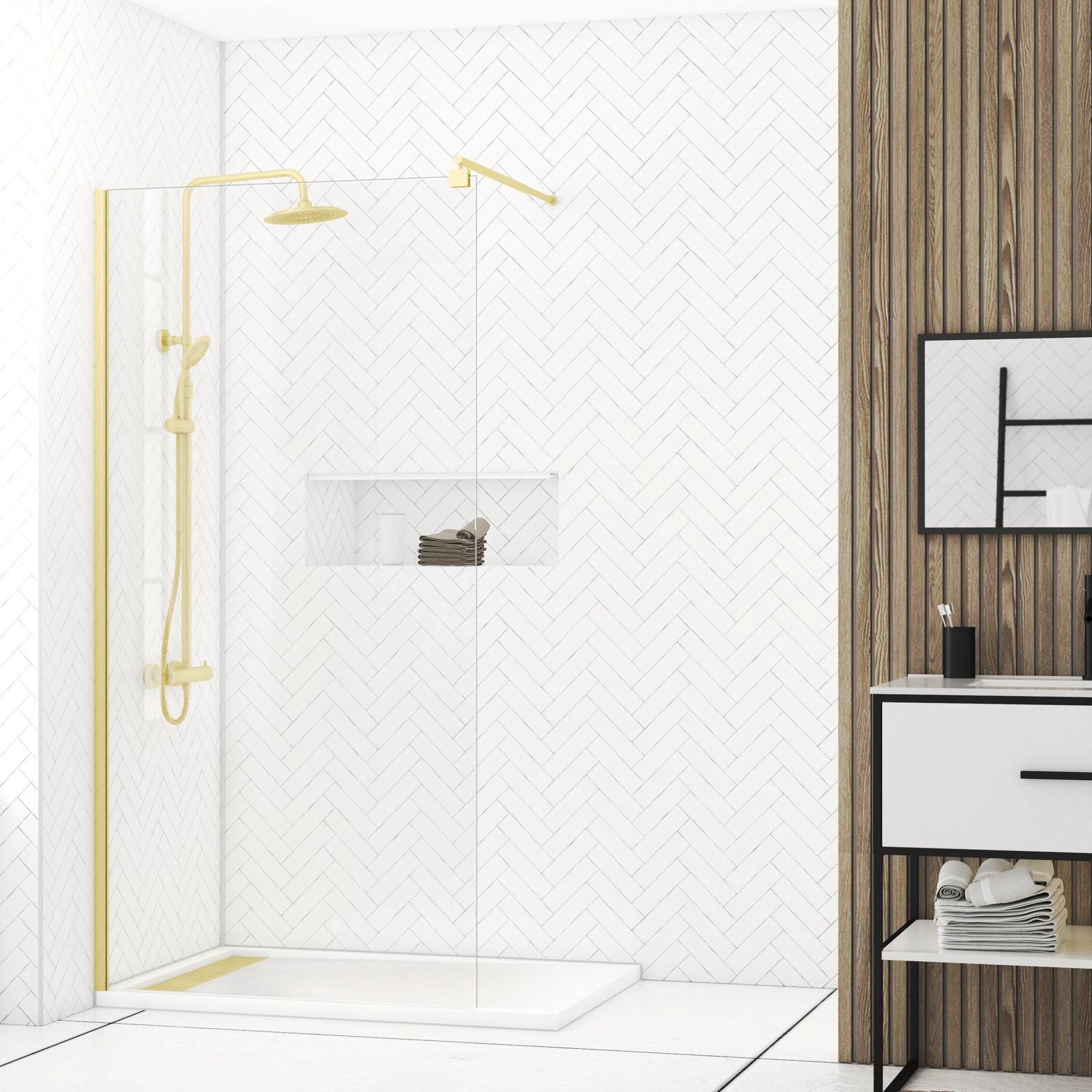 Paroi de douche à l'italienne 100x200 cm verre trempé 8 mm - Finition Or Brossé - FREEDOM 2 GOLD Paroi de douche à l'italienne 100x200 cm verre trempé 8 mm - Finition Or Brossé - FREEDOM 2 GOLD