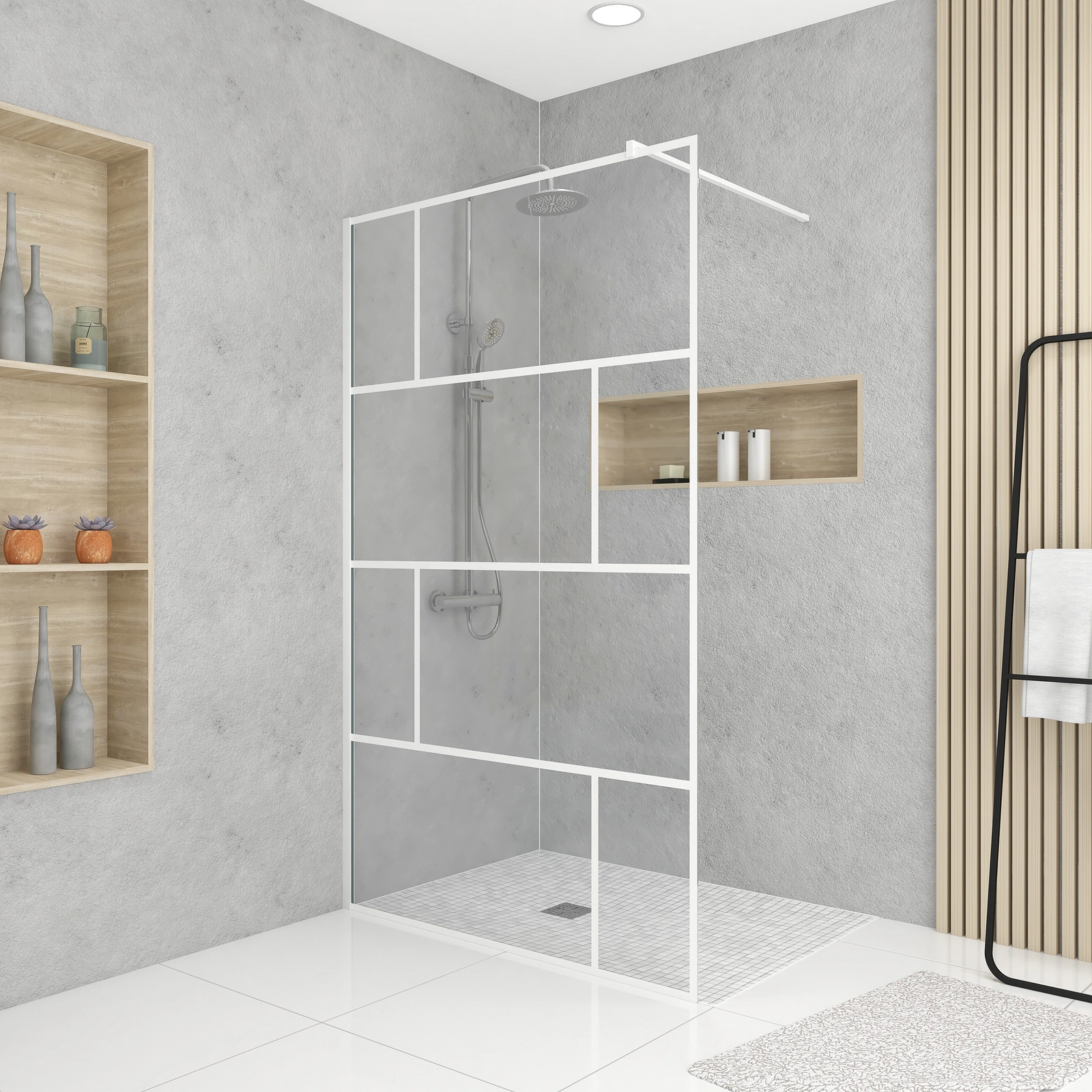 Paroi de douche à l'italienne 120x195cm - Sérigraphie type briques - Profile blanc - WHITE BLOCKS Paroi de douche à l'italienne 120x195cm - Sérigraphie type briques - Profile blanc - WHITE BLOCKS