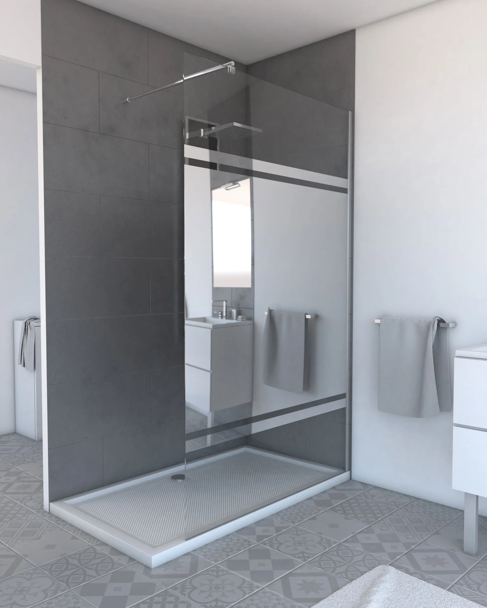 Paroi de douche a l'italienne - 120x200cm AVEC BANDE EFFET MIROIR - VERRE TRANSPARENT 8mm Paroi de douche a l'italienne - 120x200cm AVEC BANDE EFFET MIROIR - VERRE TRANSPARENT 8mm