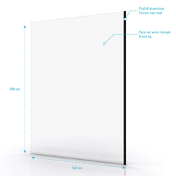 Paroi de Douche 140x200cm - Verre Trempé Transparent 8mm - Profilé Noir - FREEDOM 2 BLACK
