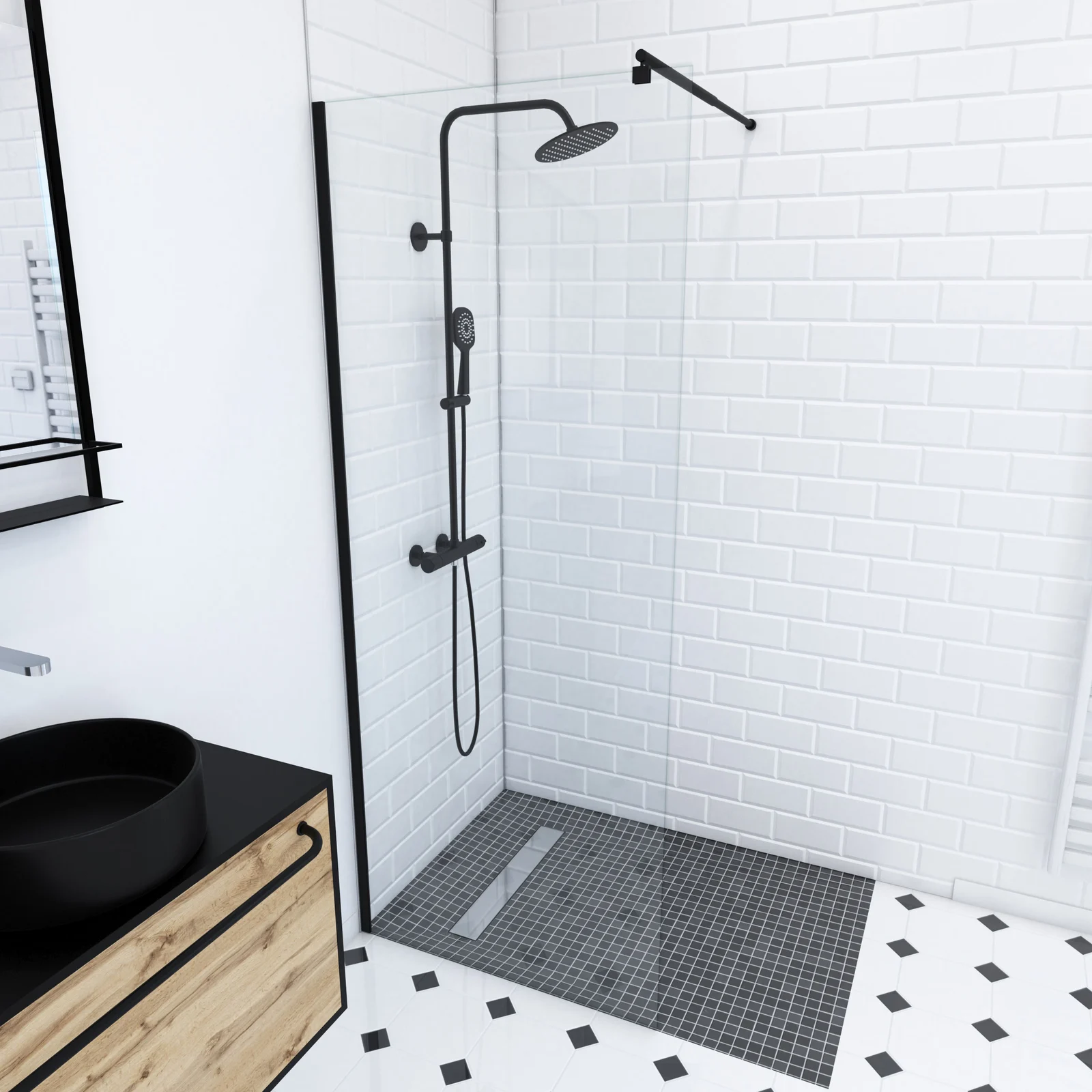 Paroi de douche à l'italienne 80x200 cm verre trempé 8 mm - Profil noir mat - FREEDOM 2 BLACK Paroi de douche à l'italienne 80x200 cm verre trempé 8 mm - Profil noir mat - FREEDOM 2 BLACK